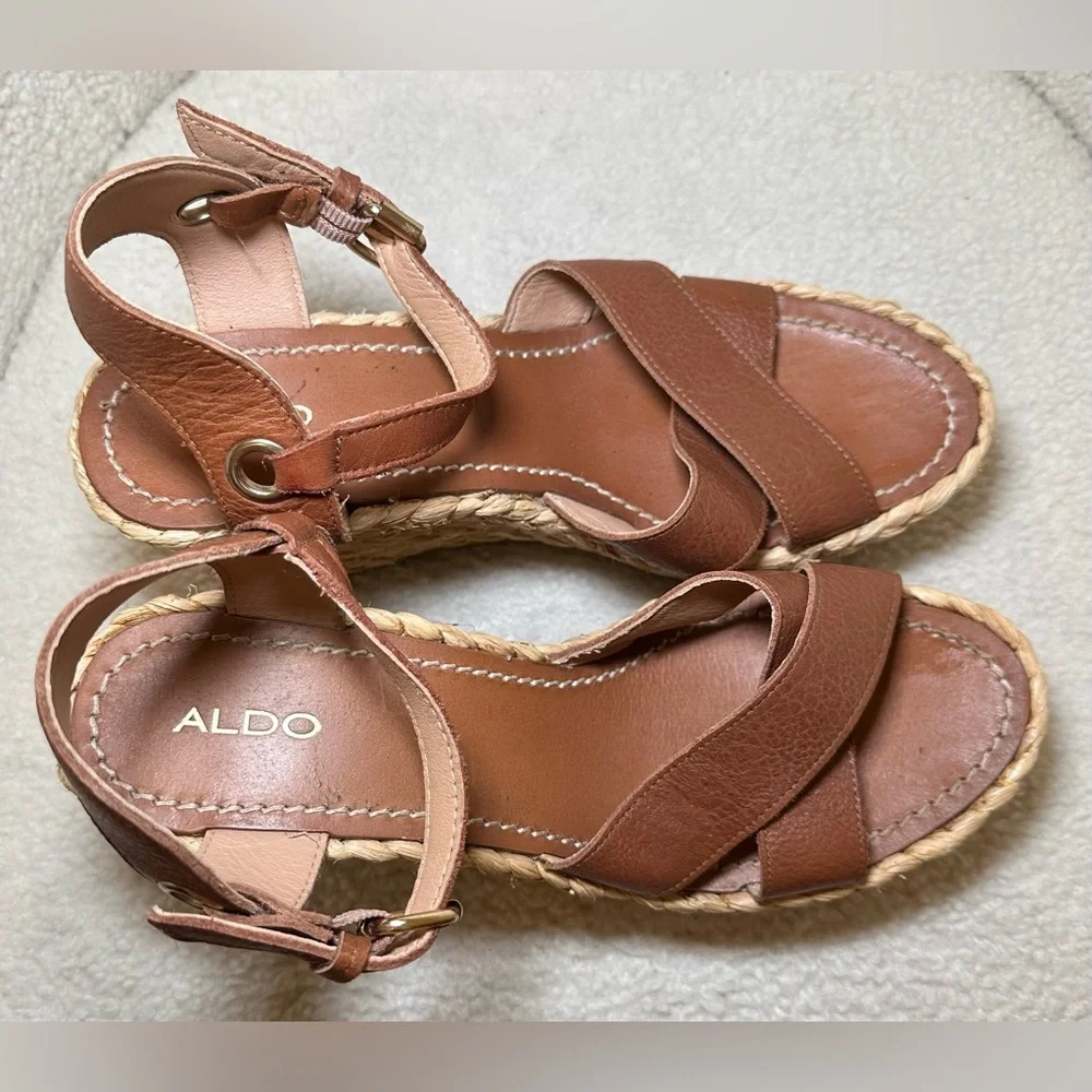 ALDO espadrilles platform shoes heels tan brown leather ankle straps summer 8.5‎